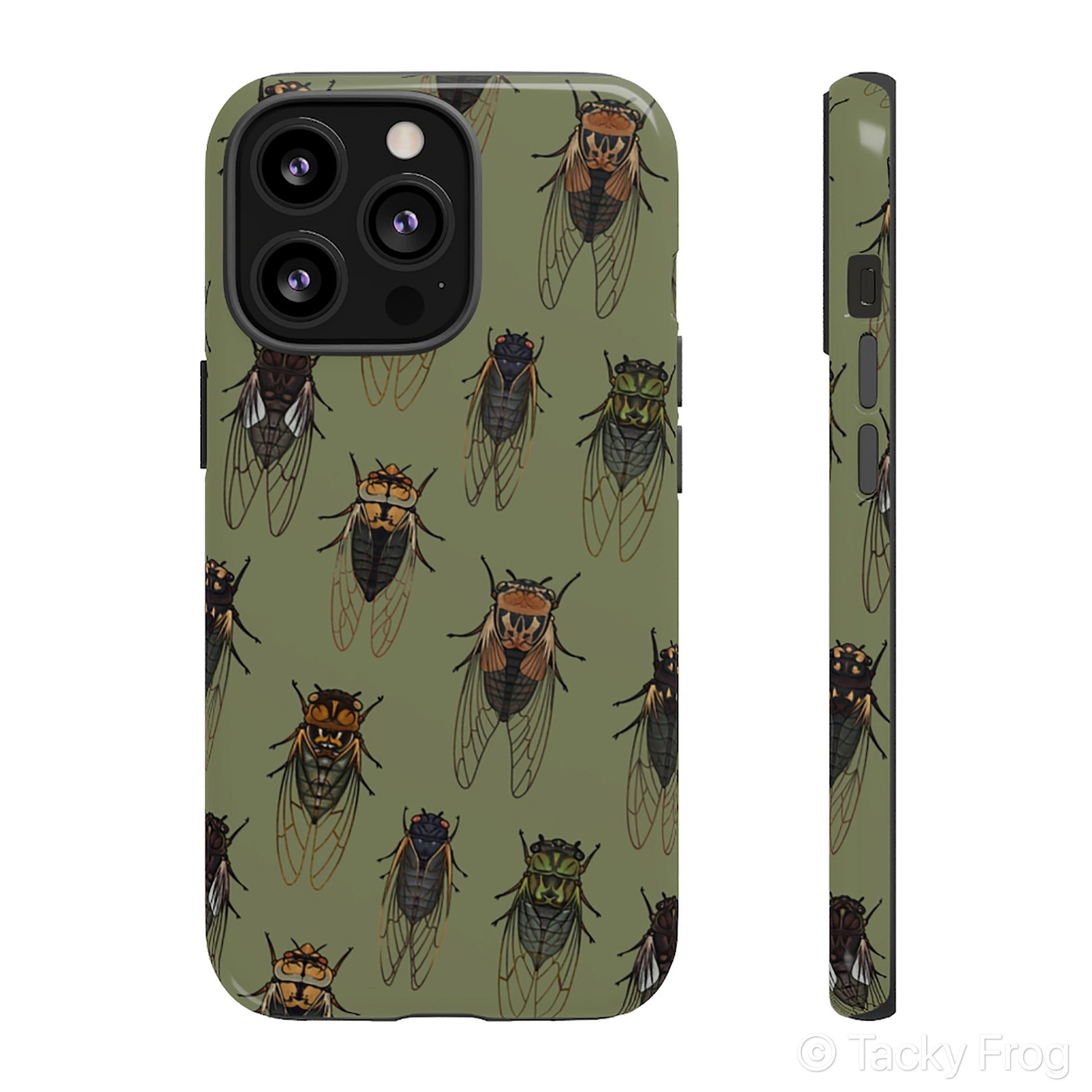 A mockup of a green phone case with a cicada pattern on it.