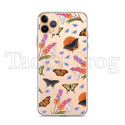 A mockup of the butterfly garden phone case on a gold phone.