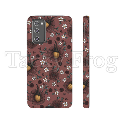 A mockup of the floral Hercules beetle tough phone case, shown on a Samsung Galaxy.