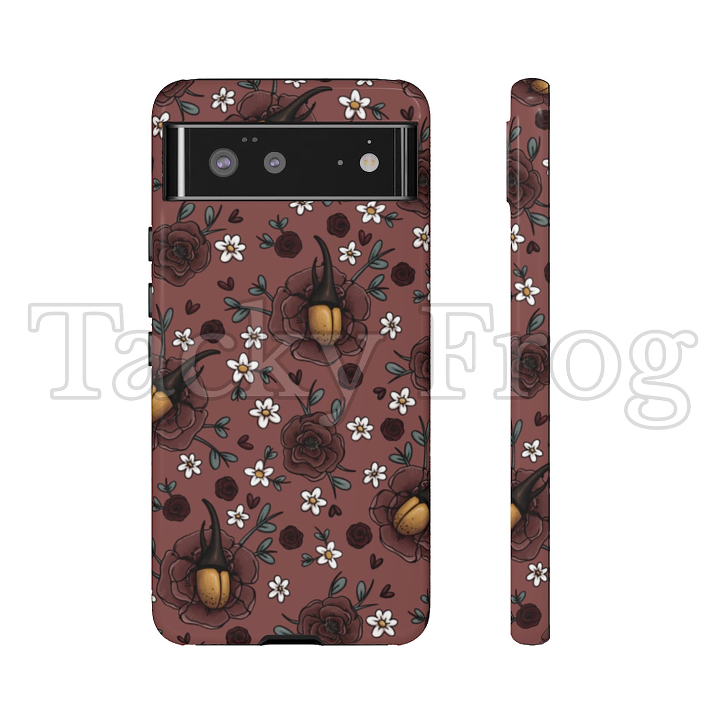 A mockup of the floral Hercules beetle tough phone case, shown on a Google Pixel.