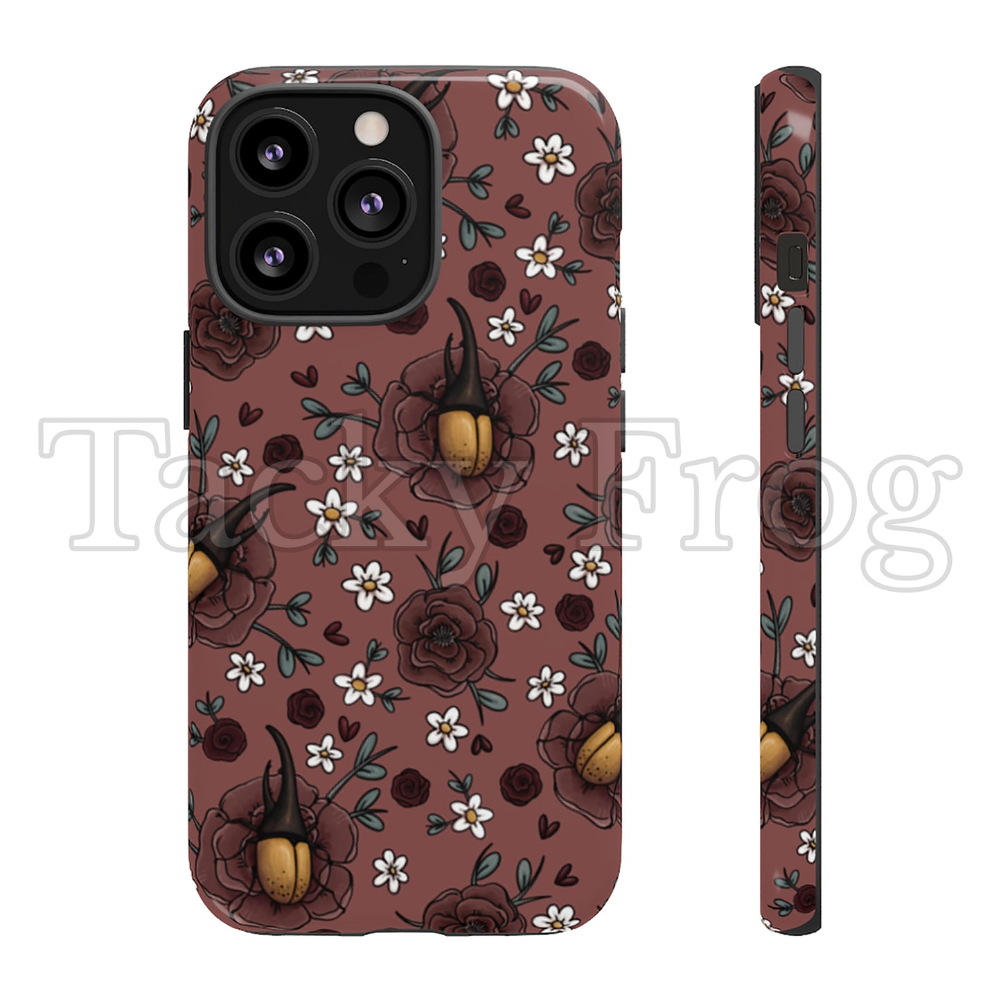 A mockup of the floral Hercules beetle tough phone case, shown on an iPhone.