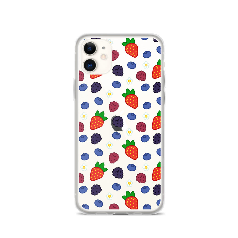 A mockup of a clear phone case with a mixed berries and daisies pattern. It is shown on an iPhone.