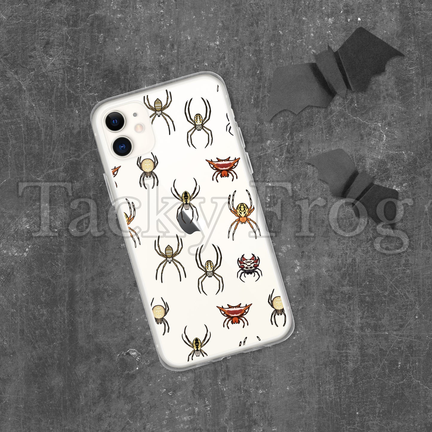 A mockup of a spider pattern clear phone case.