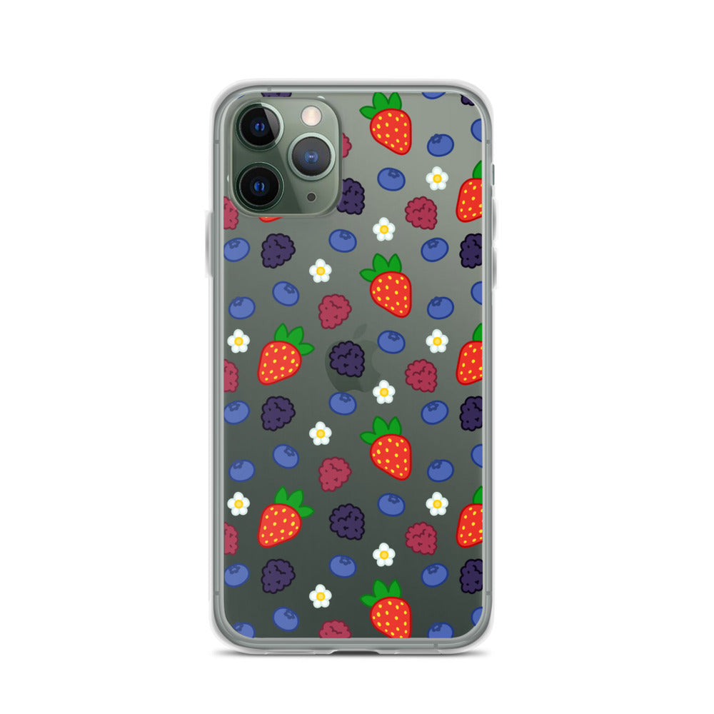 A mockup of a clear phone case with a mixed berries and daisies pattern. It is shown on an iPhone.