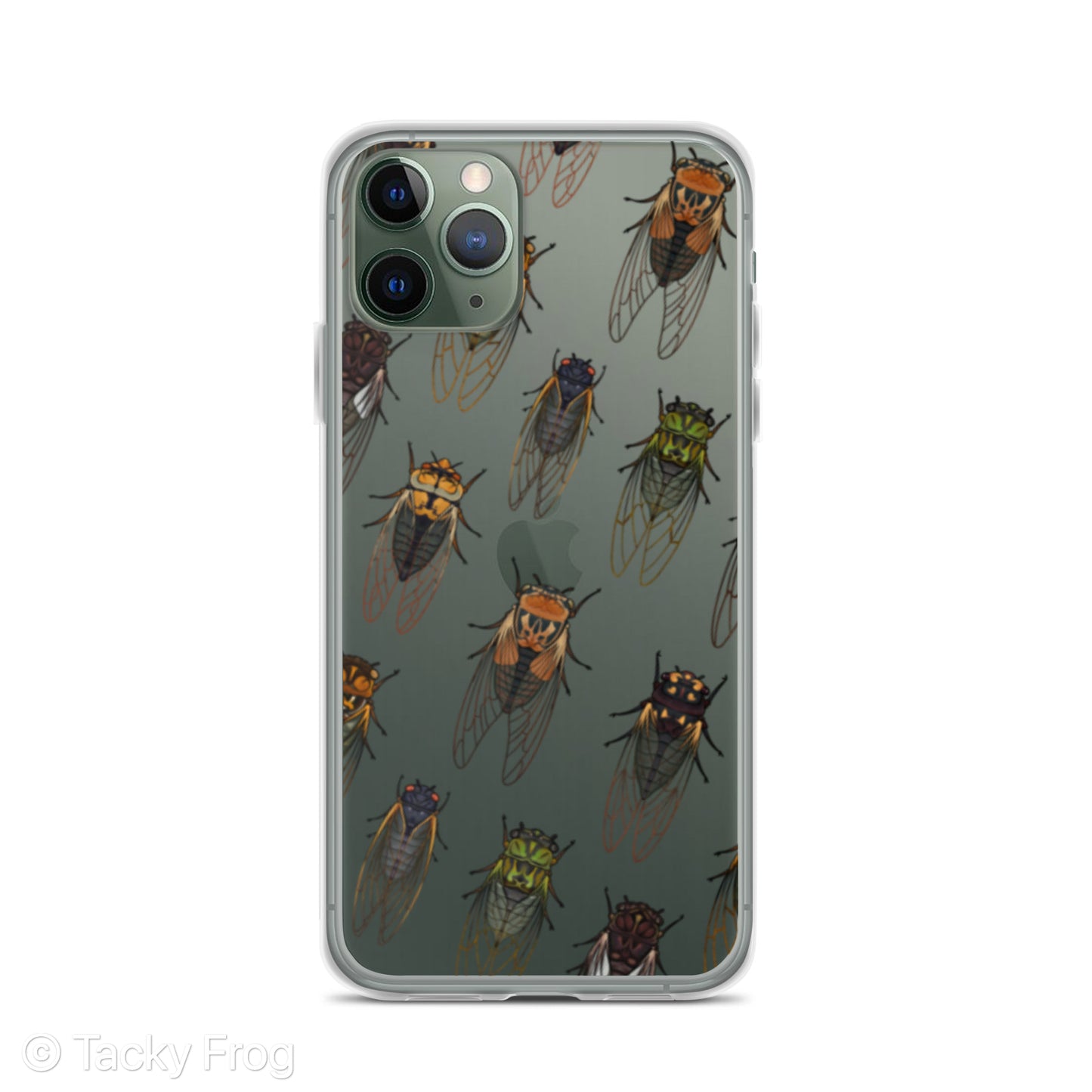 A mockup of a clear phone case with a cicada pattern on it.