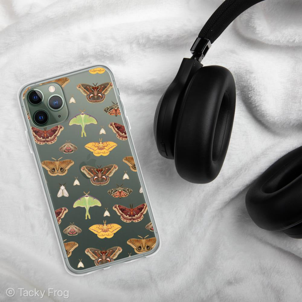 A mockup of a clear phone case featuring a repeating pattern of various moths. It is shown here on an iPhone.