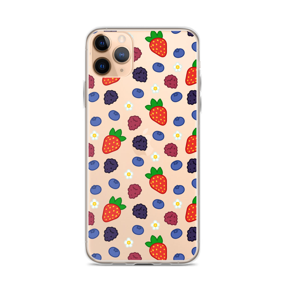 A mockup of a clear phone case with a mixed berries and daisies pattern. It is shown on an iPhone.