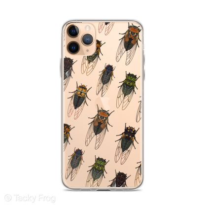 A mockup of a clear phone case with a cicada pattern on it.