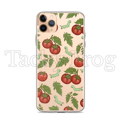 A mockup of the clear tomato hornworm phone case, shown on an iPhone 11 Pro Max.