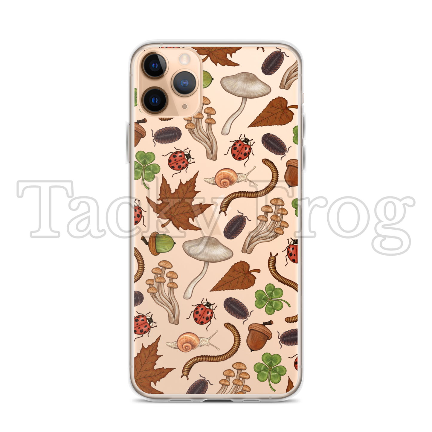 A mockup of the nature-inspired phone case shown on a gold iPhone.