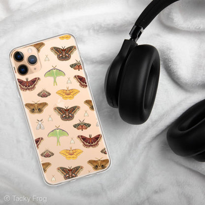 A mockup of a clear phone case featuring a repeating pattern of various moths. It is shown here on an iPhone.