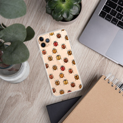 A mockup of a clear phone case with a ladybug pattern on it. It is shown on an iPhone.