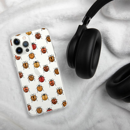 A mockup of a clear phone case with a ladybug pattern on it. It is shown on an iPhone.