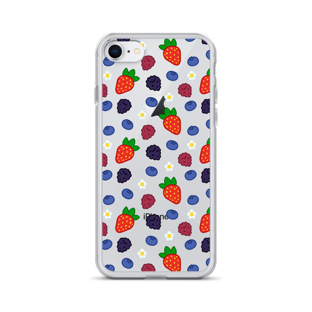 A mockup of a clear phone case with a mixed berries and daisies pattern. It is shown on an iPhone.