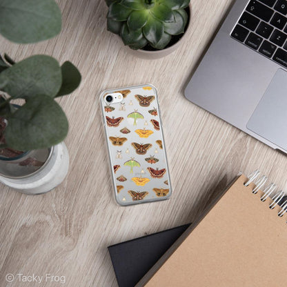 A mockup of a clear phone case featuring a repeating pattern of various moths. It is shown here on an iPhone.