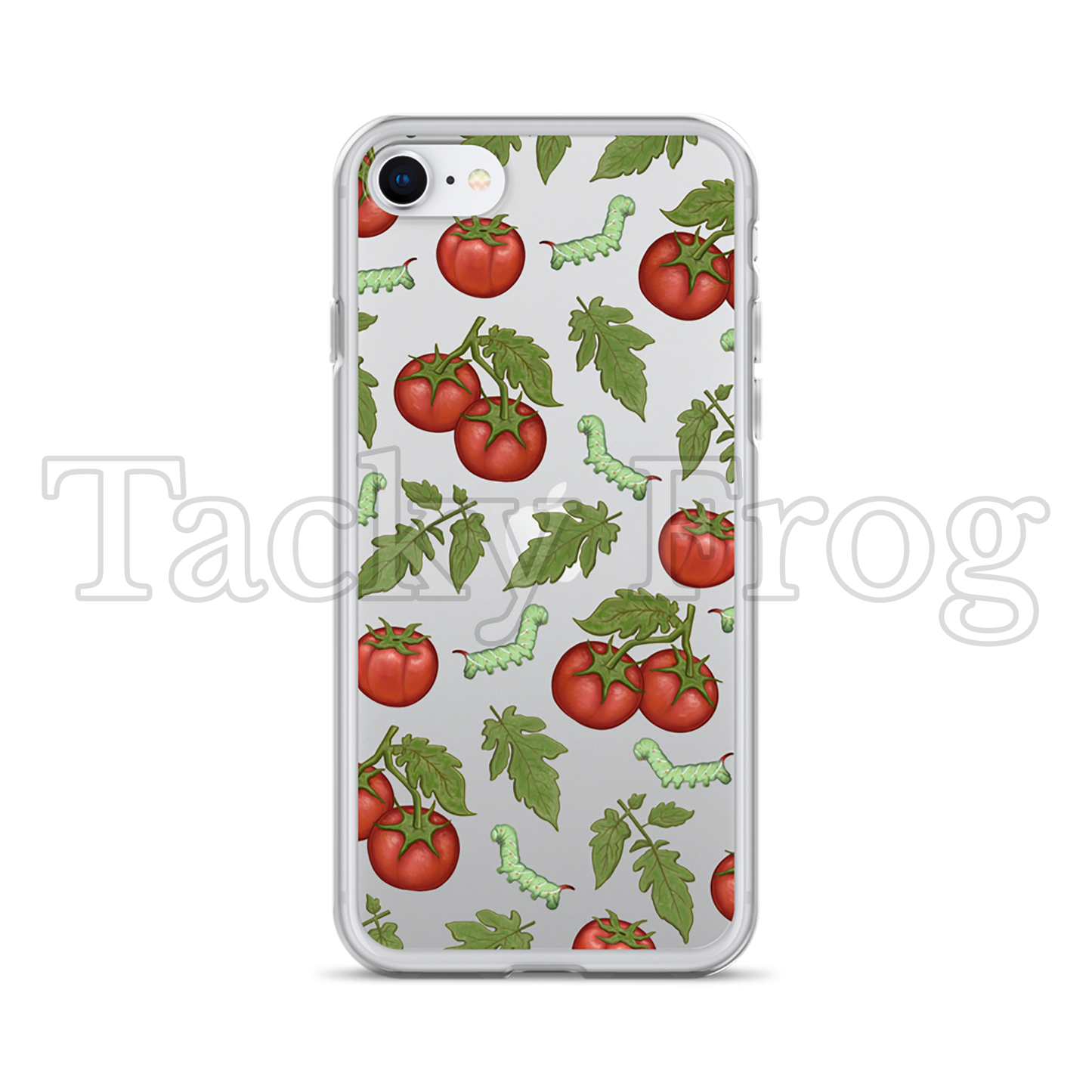 A mockup of the clear tomato hornworm phone case, shown on an iPhone SE.