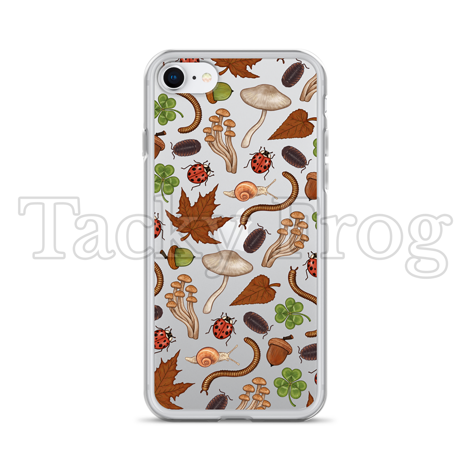 A mockup of the nature-inspired phone case shown on a silver iPhone SE.