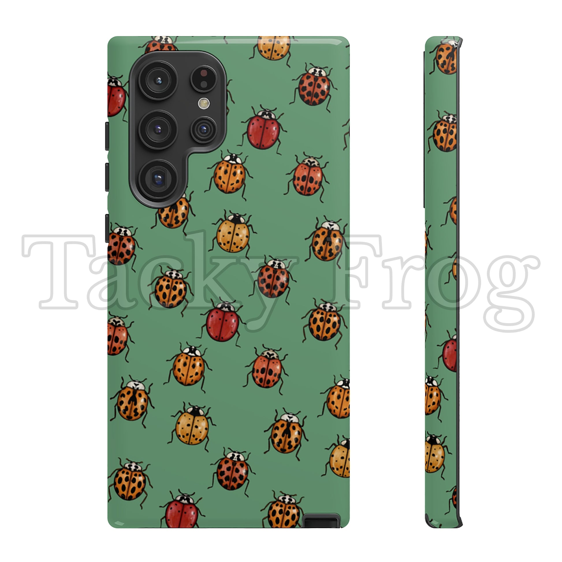 A mockup of a ladybug phone case to show how it would look on a Samsung Galaxy phone.