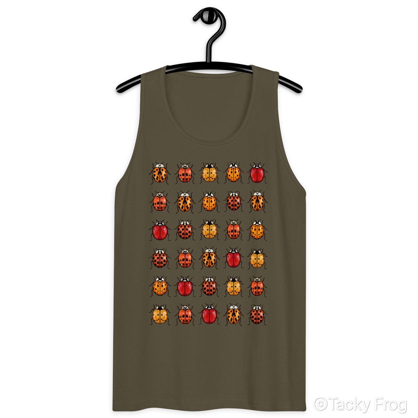 A mockup of the unisex ladybug tank top in the "Military Green" color.