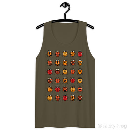 A mockup of the unisex ladybug tank top in the "Military Green" color.