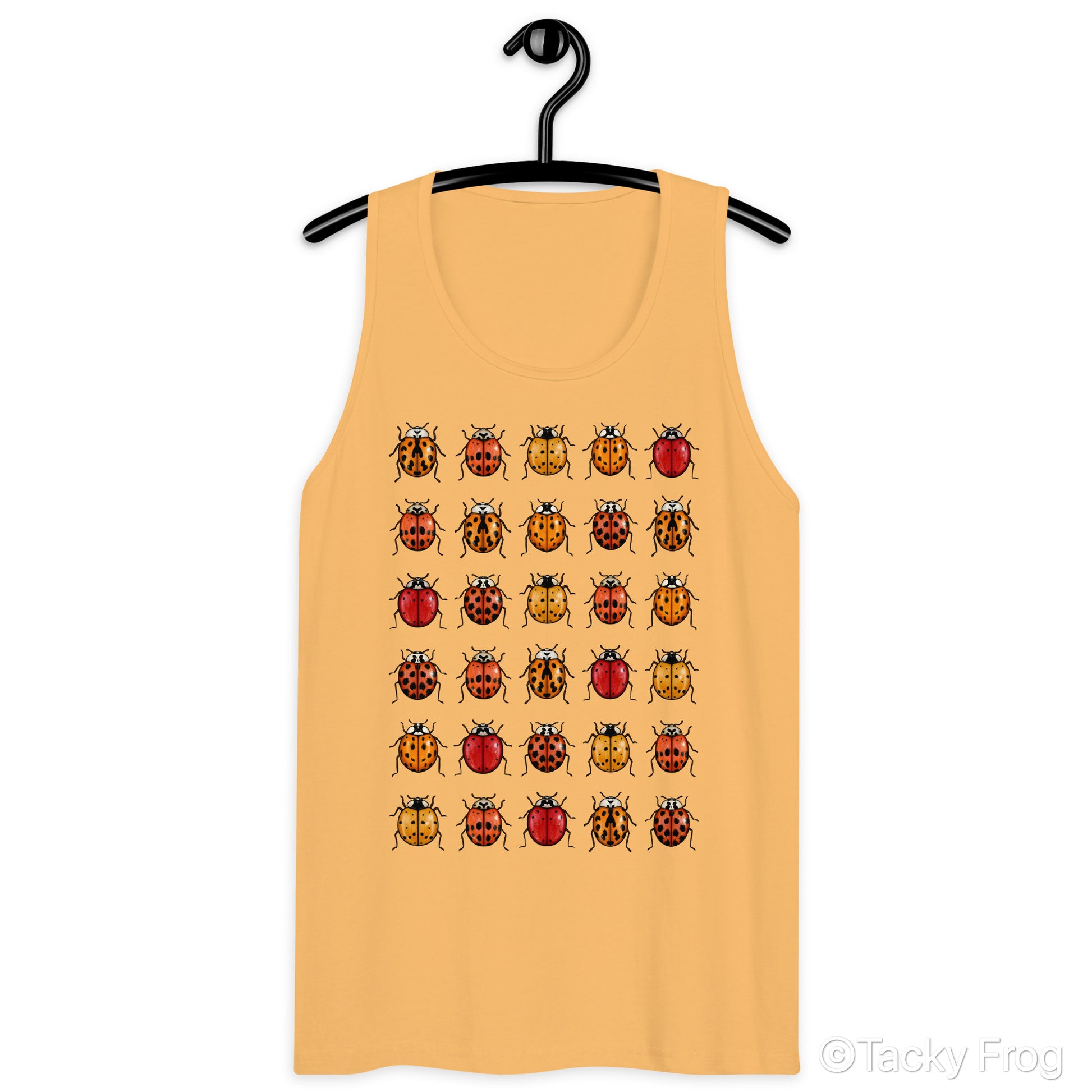 A mockup of the unisex ladybug tank top in the "Squash" color.