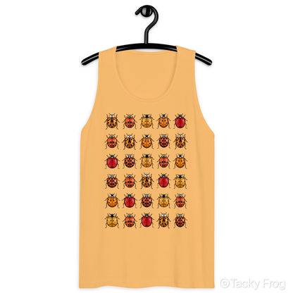 A mockup of the unisex ladybug tank top in the "Squash" color.