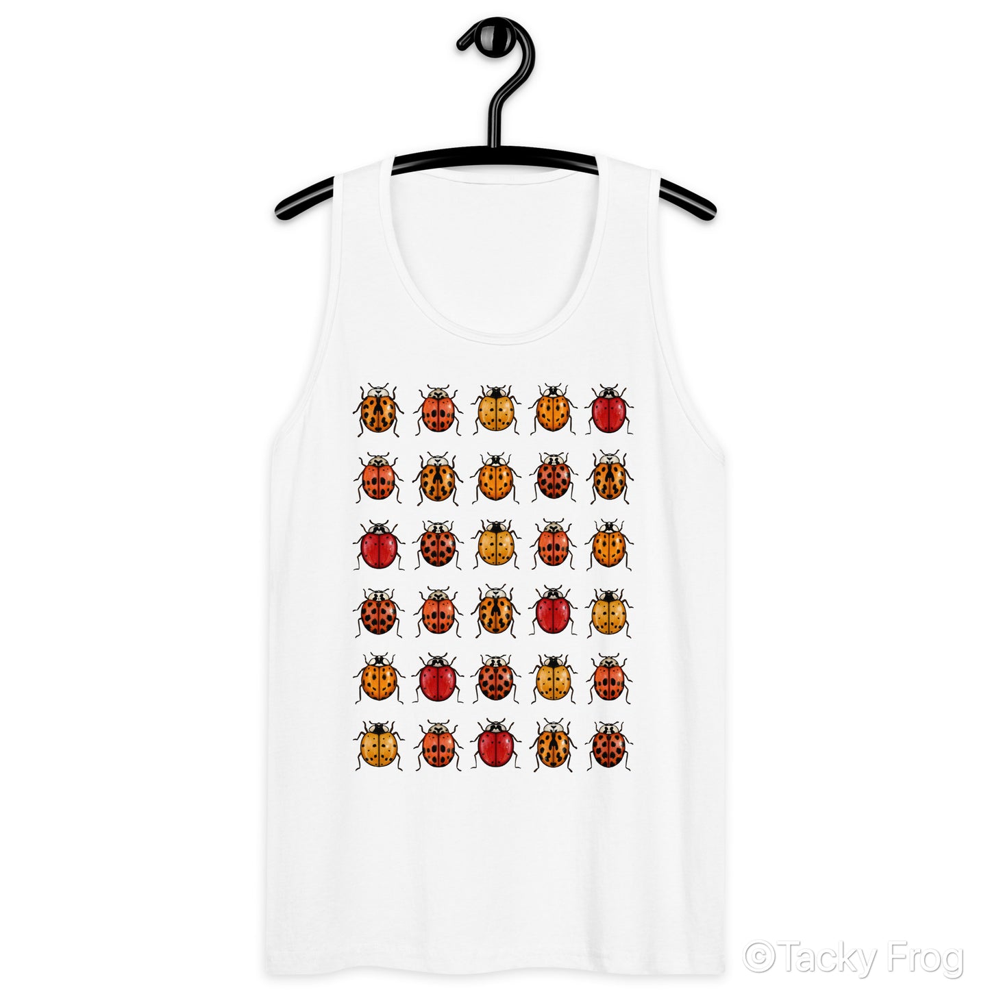 A mockup of the unisex ladybug tank top in the "White" color.