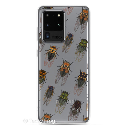 A mockup of a clear phone case with a cicada pattern on it. 