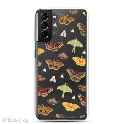 A mockup of a clear phone case featuring a repeating pattern of various moths. It is shown here on a Samsung Galaxy.