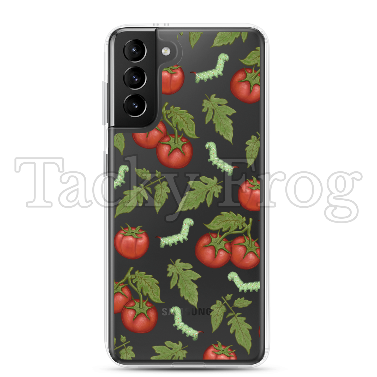 A mockup of the clear tomato hornworm phone case, shown on a Samsung Galaxy.