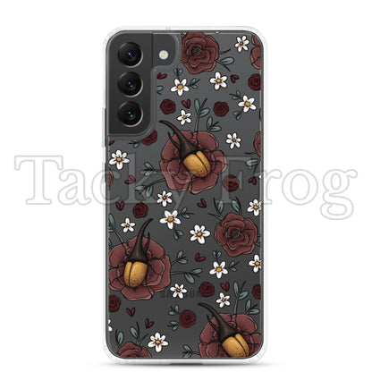 A mockup of the Hercules beetle and flowers clear phone case, shown on a Samsung Galaxy.