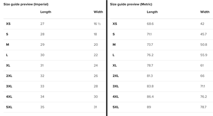 The size guide for the t-shirts, which can also be found in the product description.