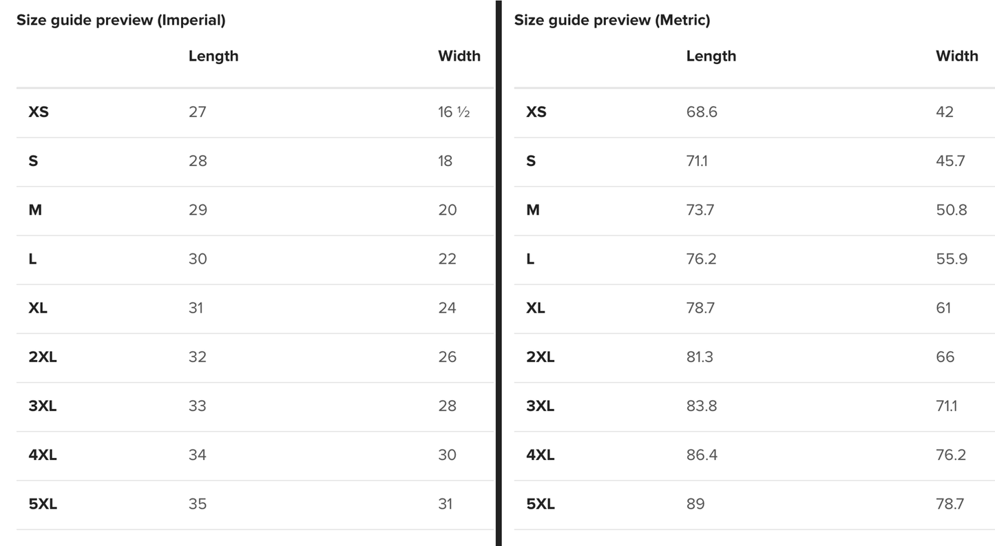 A size guide for the shirts, which is also available in the item description.
