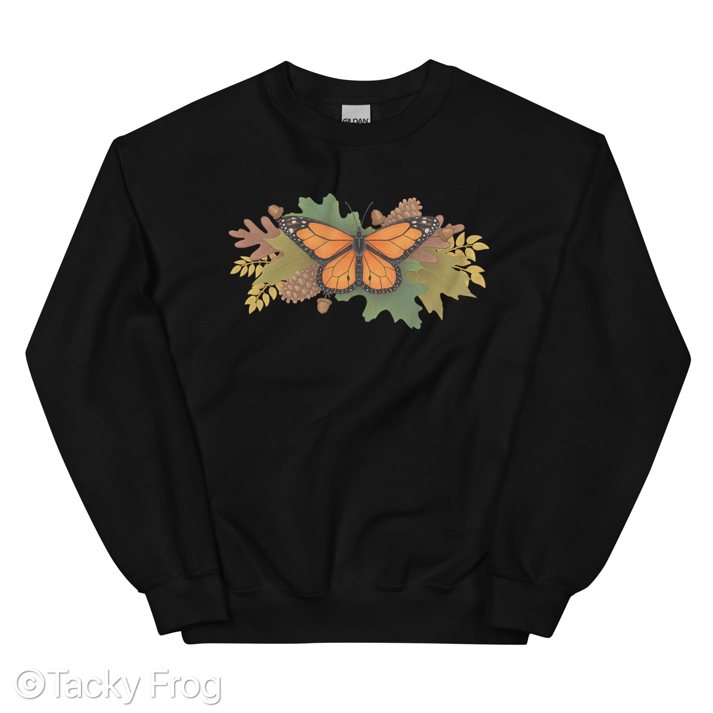 A mockup of a black sweatshirt with a monarch butterfly and autumn leaves on it.