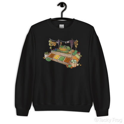 A mockup of the fruit vendor frog design on a back sweatshirt.