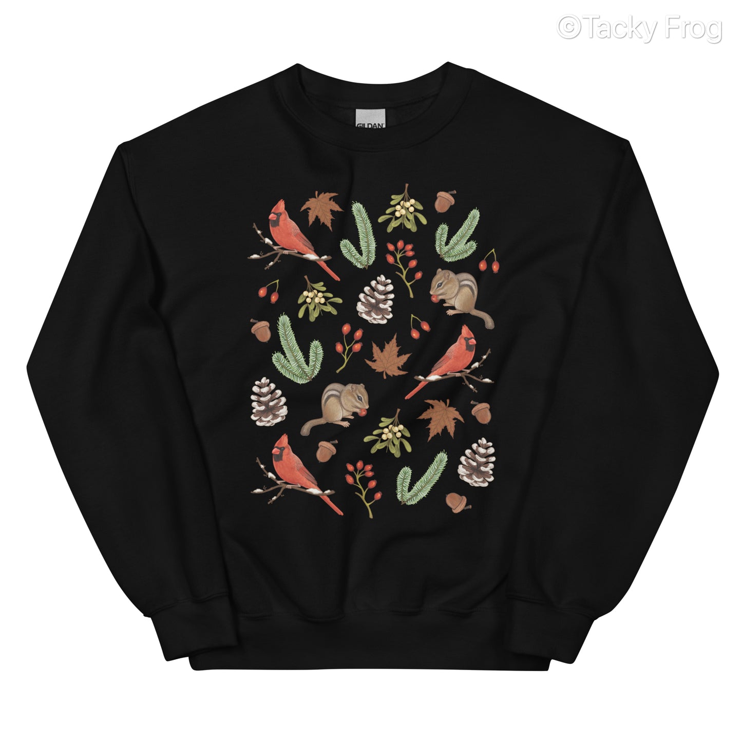 A mockup of the winter foraging sweatshirt in the color black.