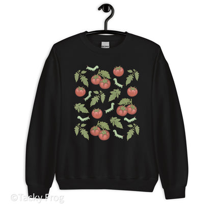 A mockup of the tomato hornworm sweatshirt in the color Black.