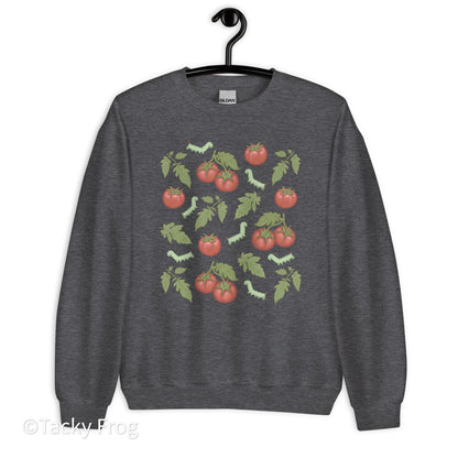 A mockup of the tomato hornworm sweatshirt in the color Dark Heather.