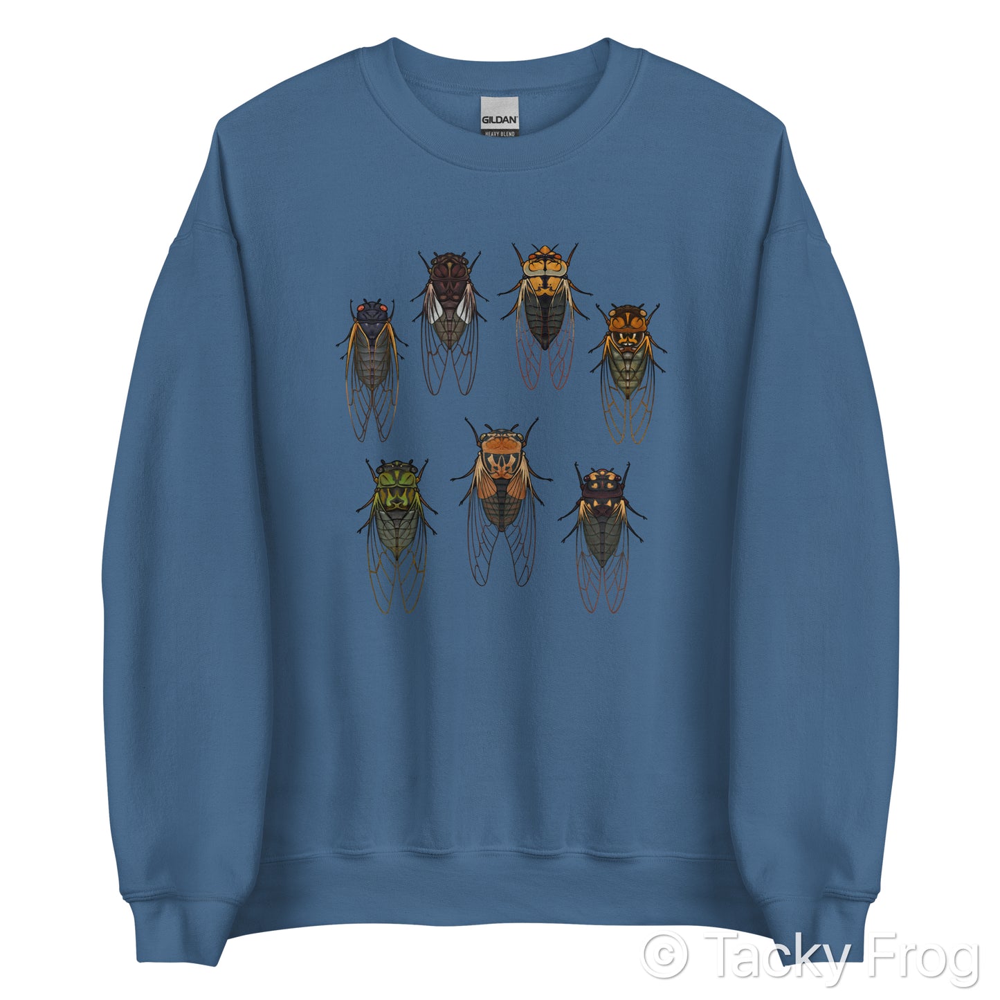 A mockup of an indigo blue-colored sweatshirt with cicadas on it.