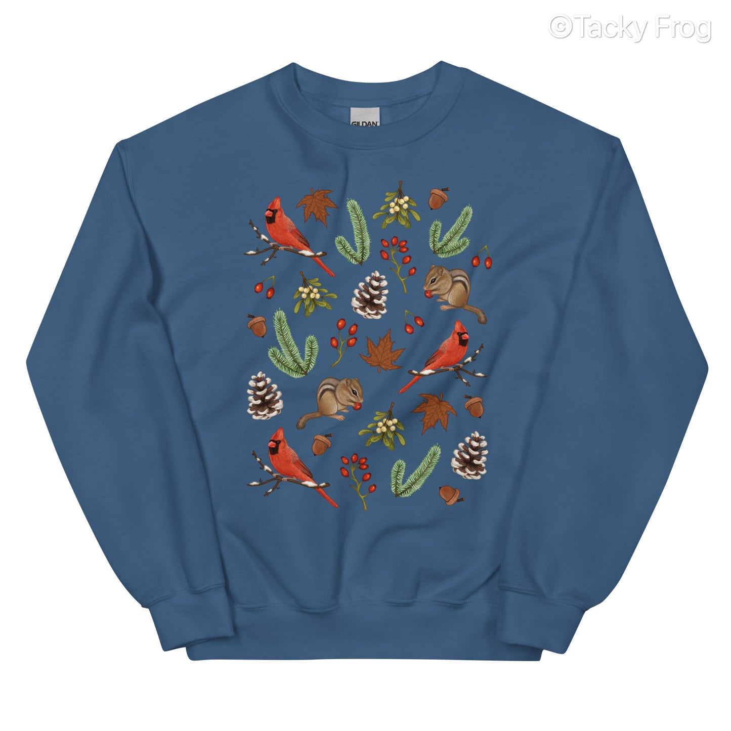 A mockup of the winter foraging sweatshirt in the color indigo blue.