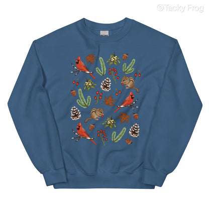 A mockup of the winter foraging sweatshirt in the color indigo blue.