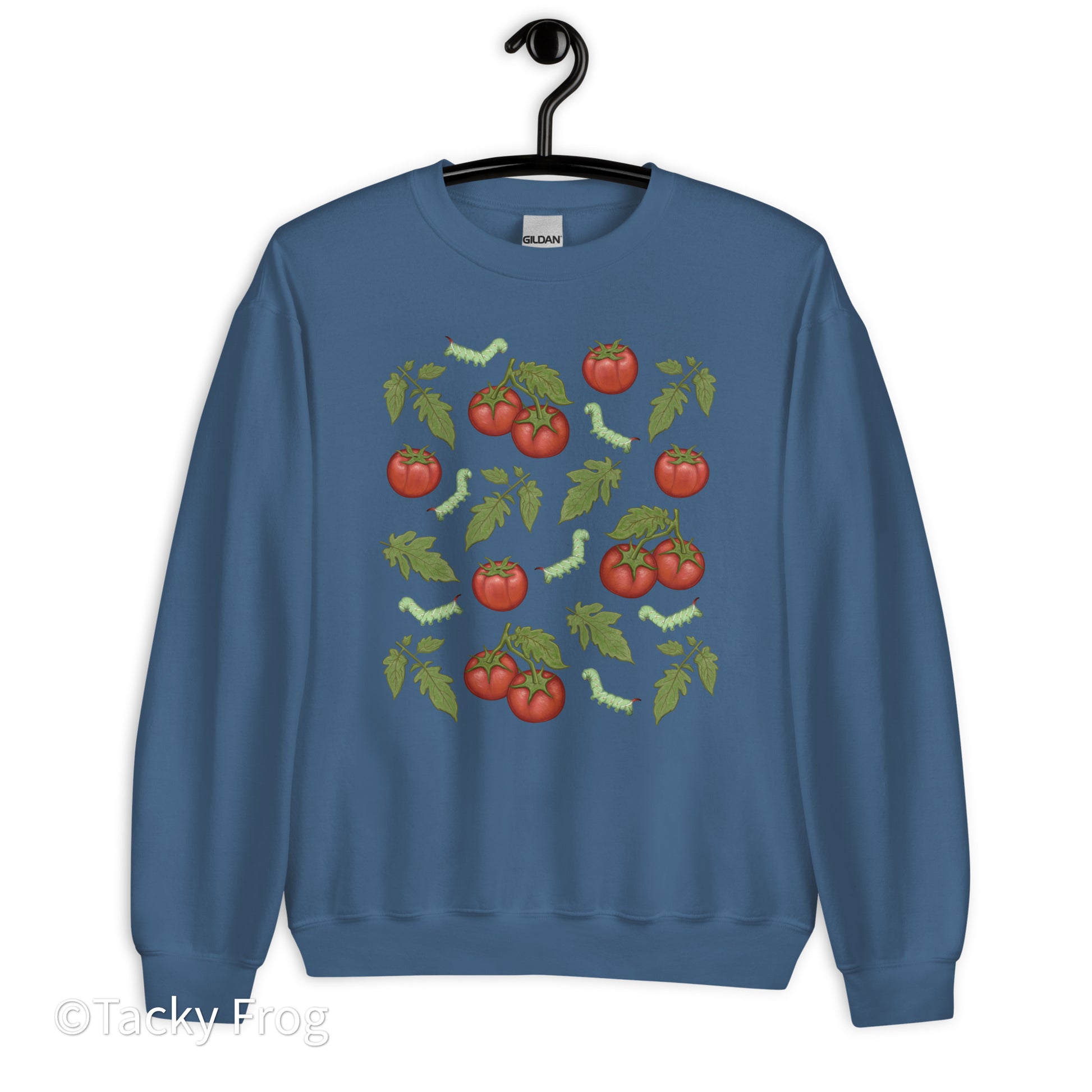 A mockup of the tomato hornworm sweatshirt in the color Indigo Blue.