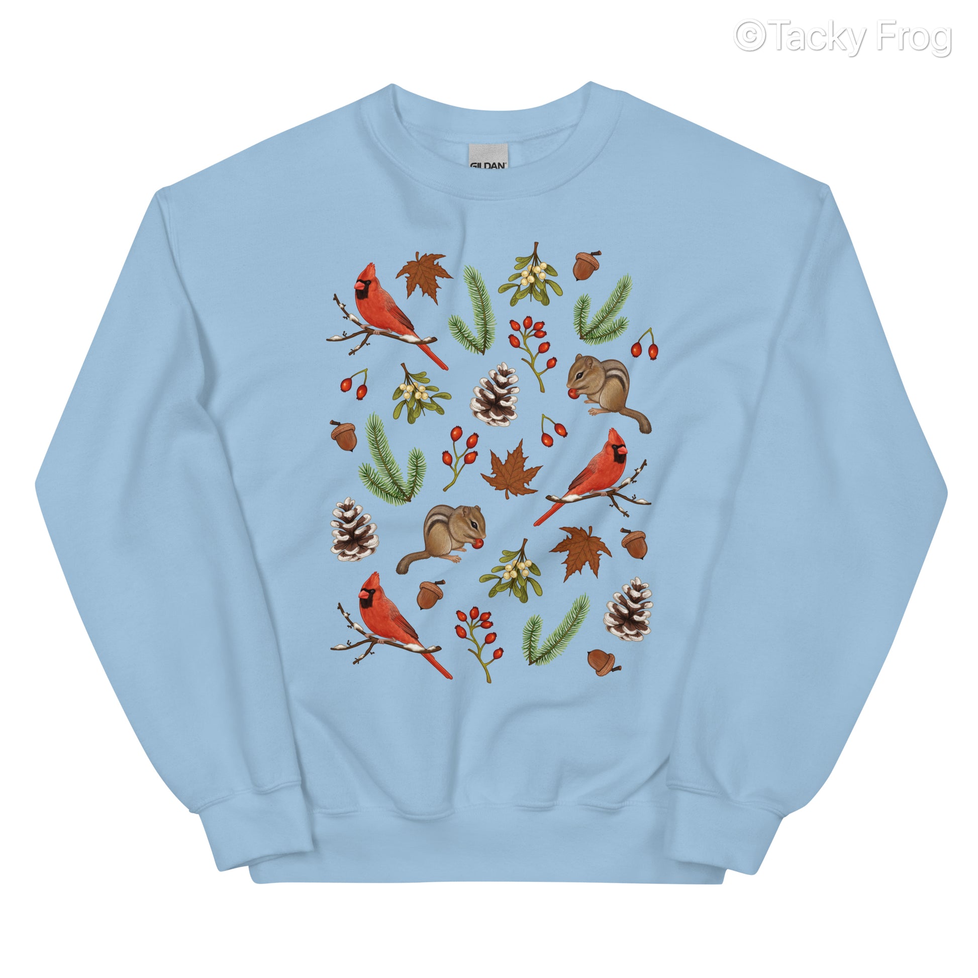 A mockup of the winter foraging sweatshirt in the color light blue.