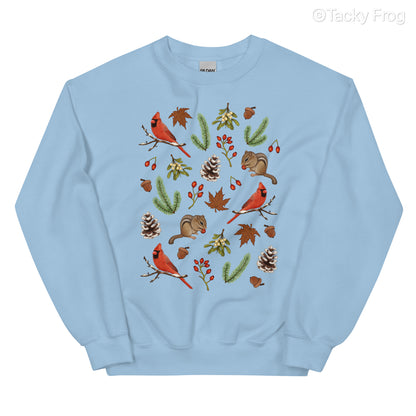 A mockup of the winter foraging sweatshirt in the color light blue.