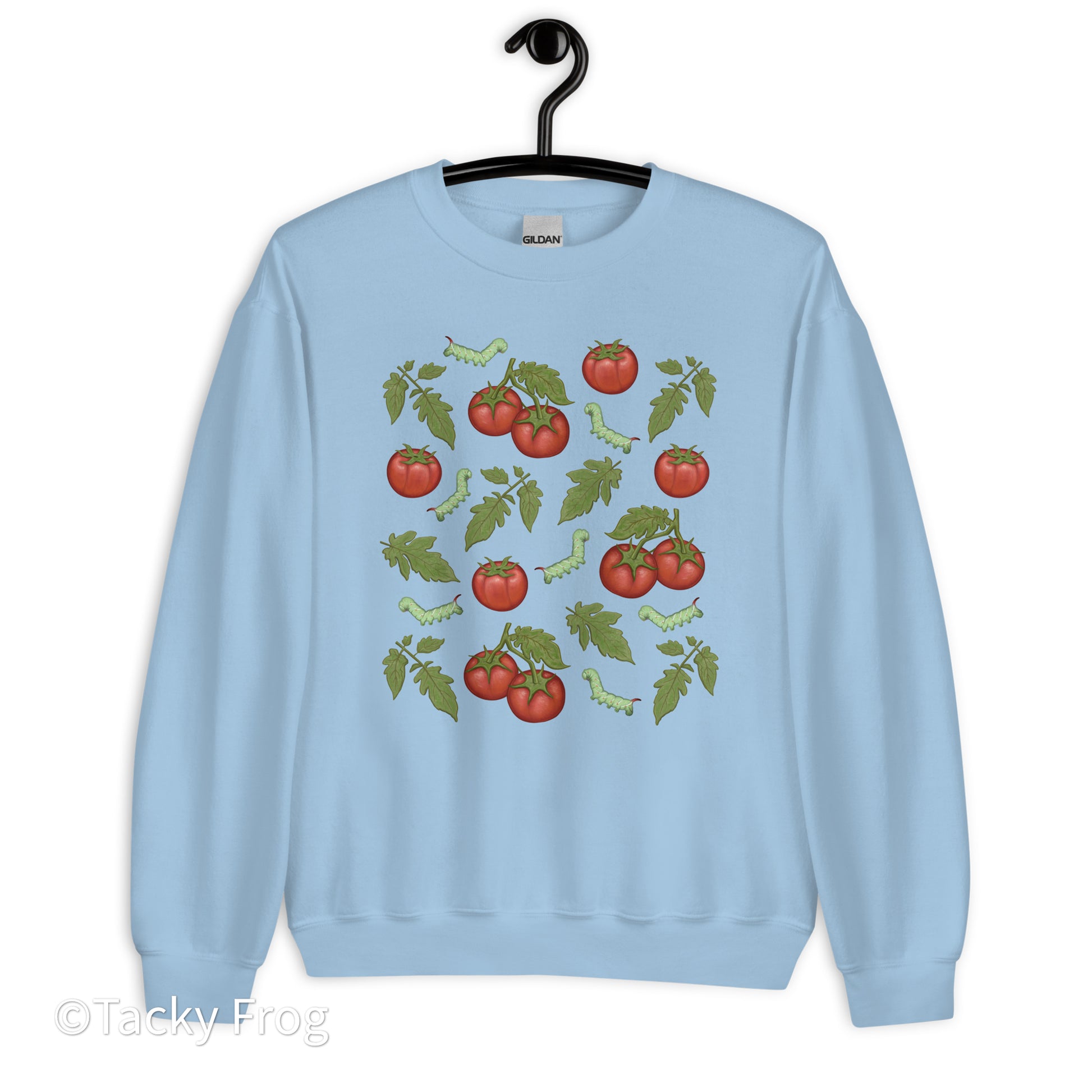 A mockup of the tomato hornworm sweatshirt in the color Light Blue.