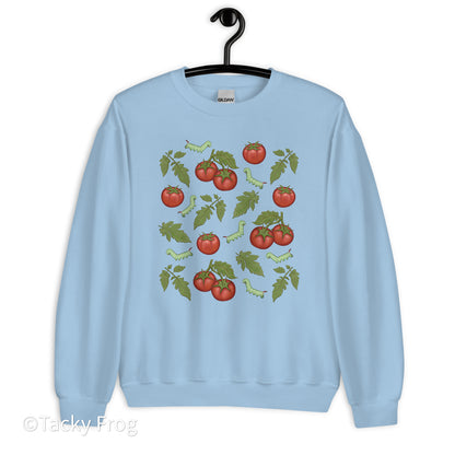 A mockup of the tomato hornworm sweatshirt in the color Light Blue.