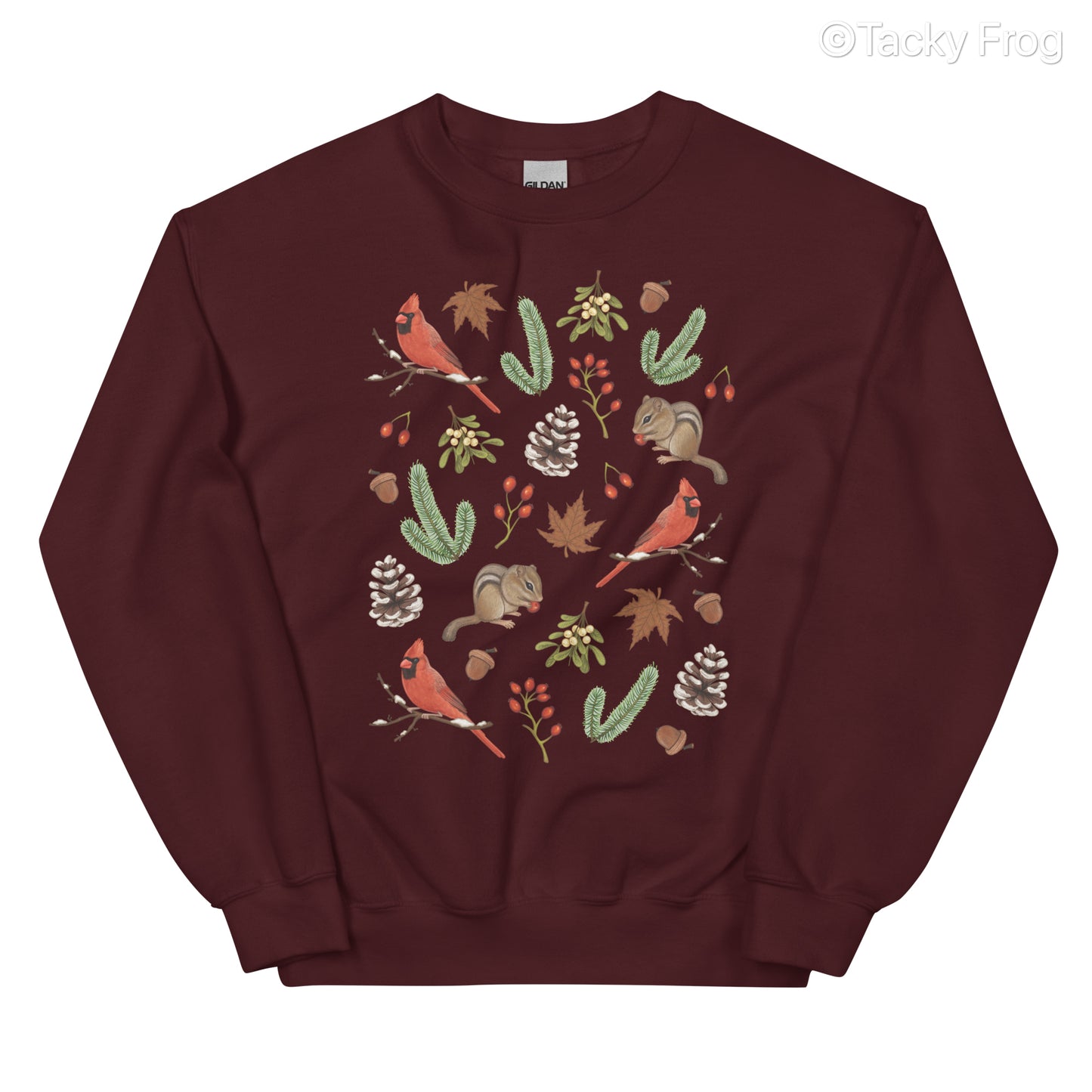 A mockup of the winter foraging sweatshirt in the color maroon.