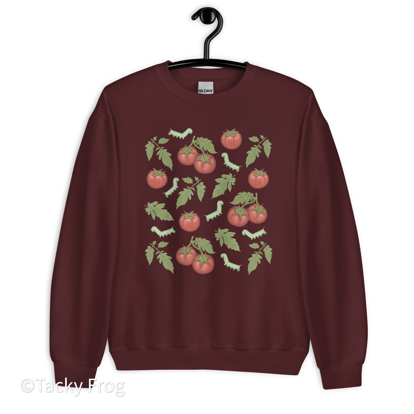 A mockup of the tomato hornworm sweatshirt in the color Maroon.