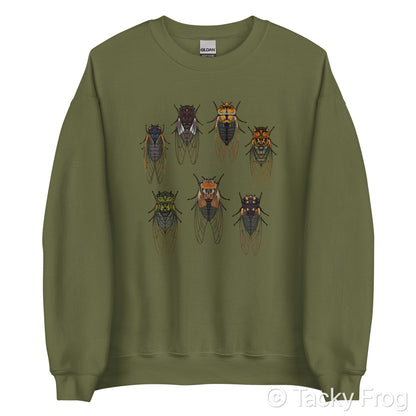 A mockup of a military green-colored sweatshirt with cicadas on it.