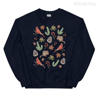 A mockup of the winter foraging sweatshirt in the color navy.